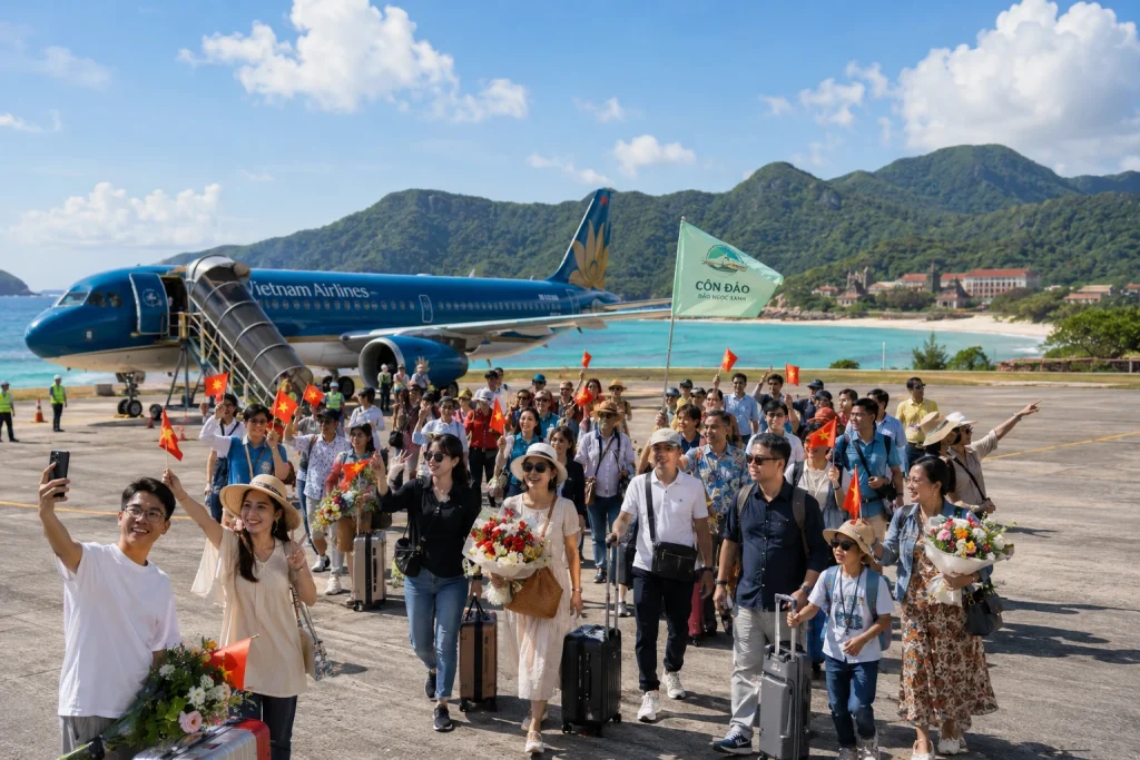 Đoàn đông tại chăng bay Hà Nội Côn Đảo