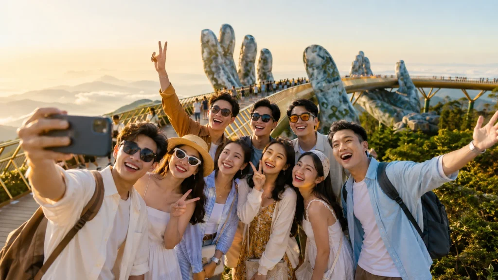 Khách hàng đặt vé đoàn Sài Gòn đi Đà Nẵng vui vẻ check-in tại Cầu Vàng Bà Nà Hills