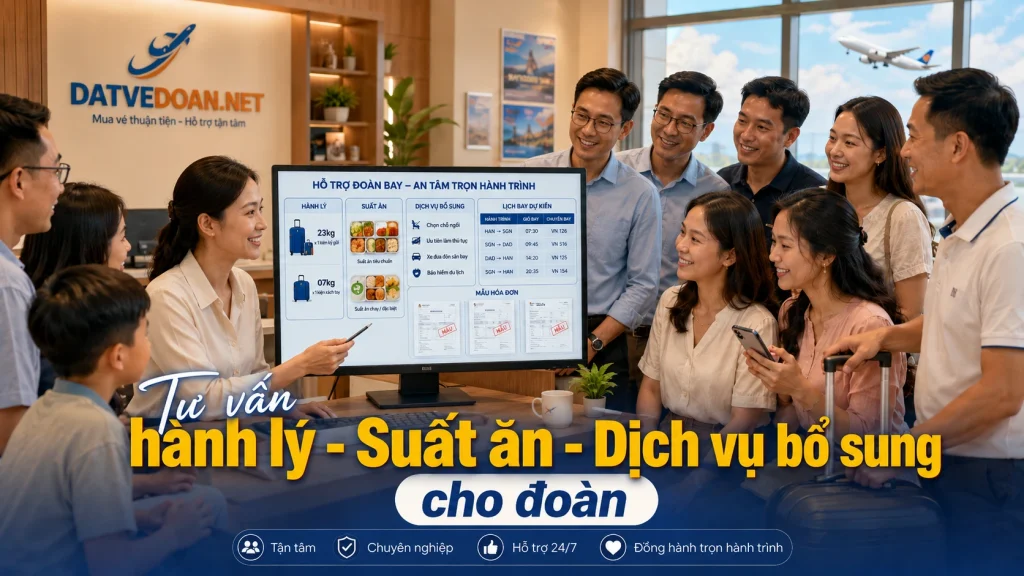 Tư vấn chi tiết hành lý, suất ăn & dịch vụ cho vé đoàn tháng 7